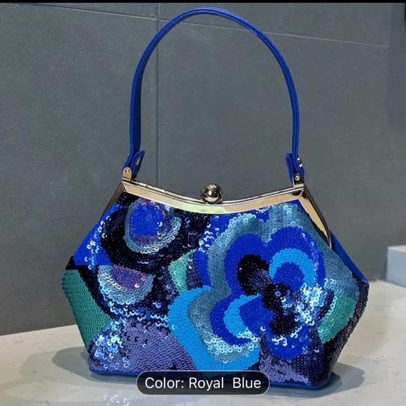 Floral Sequin Shoulder Bag in Royal Blue - Picture 1 of 8